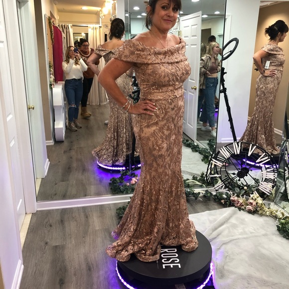 Stunning off the shoulder rose lace gown is fully lined and is very forgiving - Picture 5 of 11